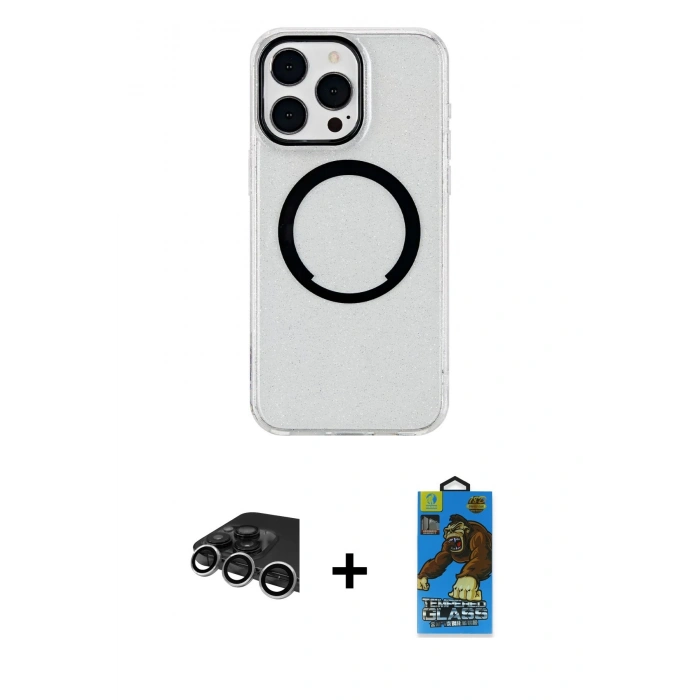 MARSİLYAN™- iPhone 14 Pro Max Kılıf Pusula Form - Siyah 18D Cam Ekran Koruyucu + Raze Metal Kamera Lens - GS