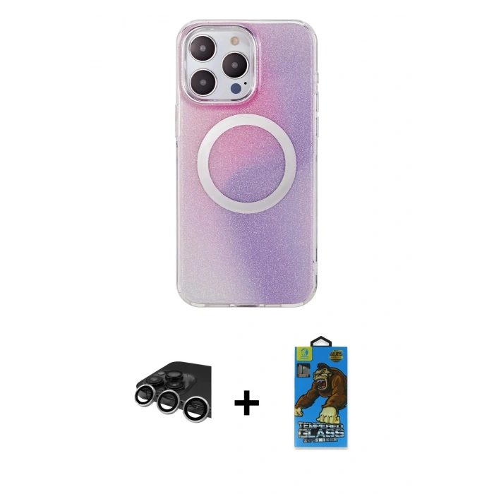 MARSİLYAN™- iPhone 14 Pro Max Kılıf Pusula Form - Siyah 18D Cam Ekran Koruyucu + Raze Metal Kamera Lens - GS