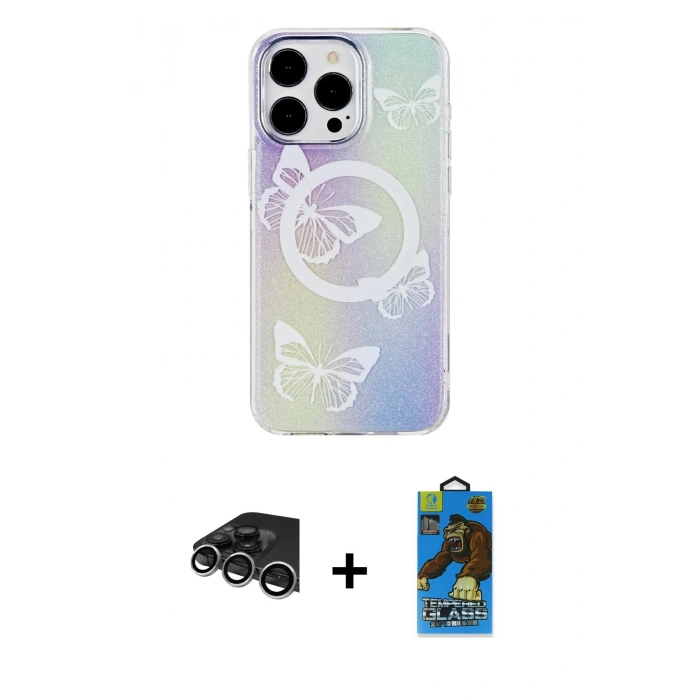 MARSİLYAN™- iPhone 14 Pro Max Kılıf Pusula Form - Siyah 18D Cam Ekran Koruyucu + Raze Metal Kamera Lens - GS