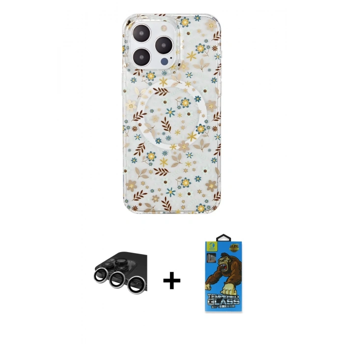 MARSİLYAN™- iPhone 14 Pro Max Kılıf Pusula Form - Siyah 18D Cam Ekran Koruyucu + Raze Metal Kamera Lens - GS