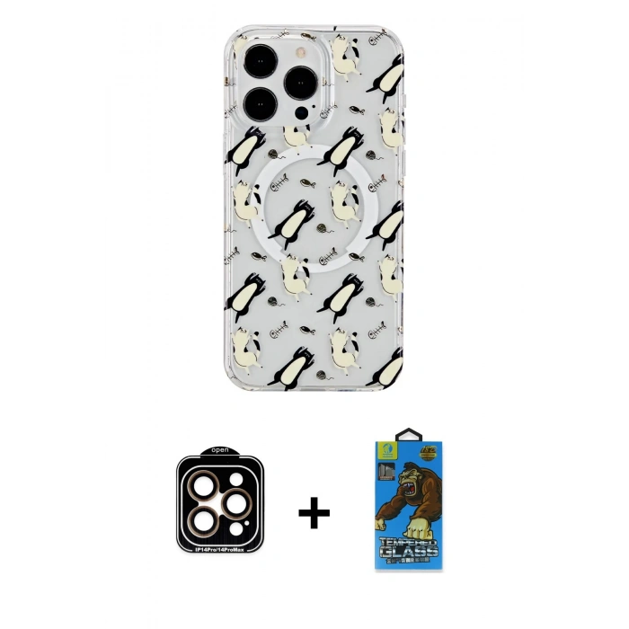 MARSİLYAN™- iPhone 14 Pro Max Kılıf Pusula Form - Siyah 18D Cam Ekran Koruyucu + PVD Metal Kamera Lens - TU
