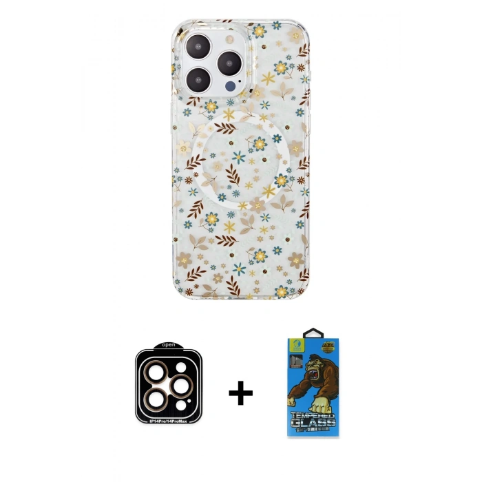 MARSİLYAN™- iPhone 14 Pro Max Kılıf Pusula Form - Siyah 18D Cam Ekran Koruyucu + PVD Metal Kamera Lens - TU
