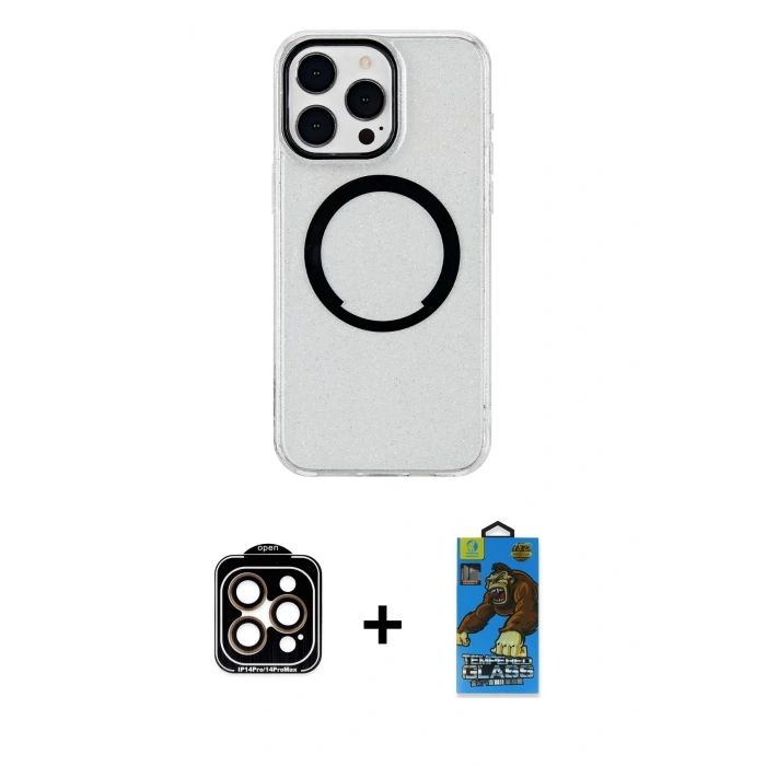 MARSİLYAN™- iPhone 14 Pro Max Kılıf Pusula Form - Siyah 18D Cam Ekran Koruyucu + PVD Metal Kamera Lens - TU