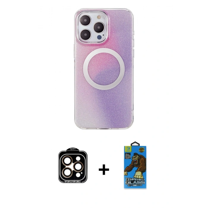 MARSİLYAN™- iPhone 14 Pro Max Kılıf Pusula Form - Siyah 18D Cam Ekran Koruyucu + PVD Metal Kamera Lens - TU