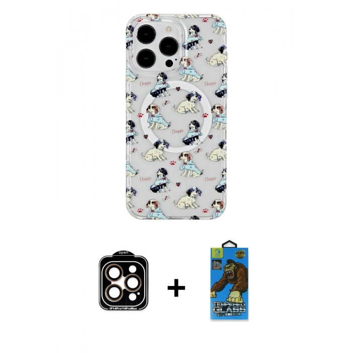 MARSİLYAN™- iPhone 14 Pro Max Kılıf Pusula Form - Siyah 18D Cam Ekran Koruyucu + PVD Metal Kamera Lens - TU
