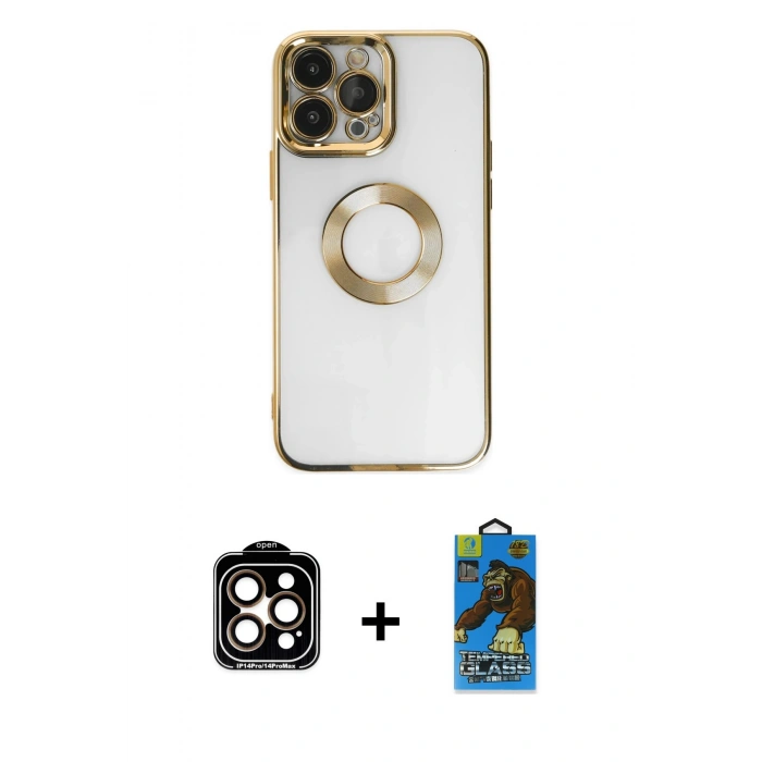 MARSİLYAN™- iPhone 14 Pro Max Kılıf Pusula Form - Siyah 18D Cam Ekran Koruyucu + Turuncu PVD Metal Kamera Lens