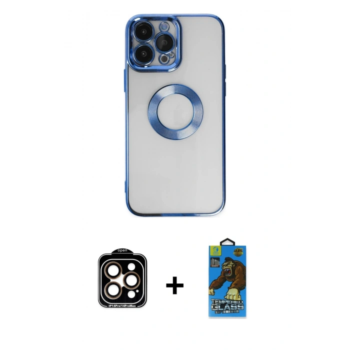 MARSİLYAN™- iPhone 14 Pro Max Kılıf Pusula Form - Siyah 18D Cam Ekran Koruyucu + Turuncu PVD Metal Kamera Lens