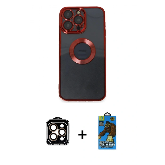 MARSİLYAN™- iPhone 14 Pro Max Kılıf Pusula Form - Siyah 18D Cam Ekran Koruyucu + Turuncu PVD Metal Kamera Lens