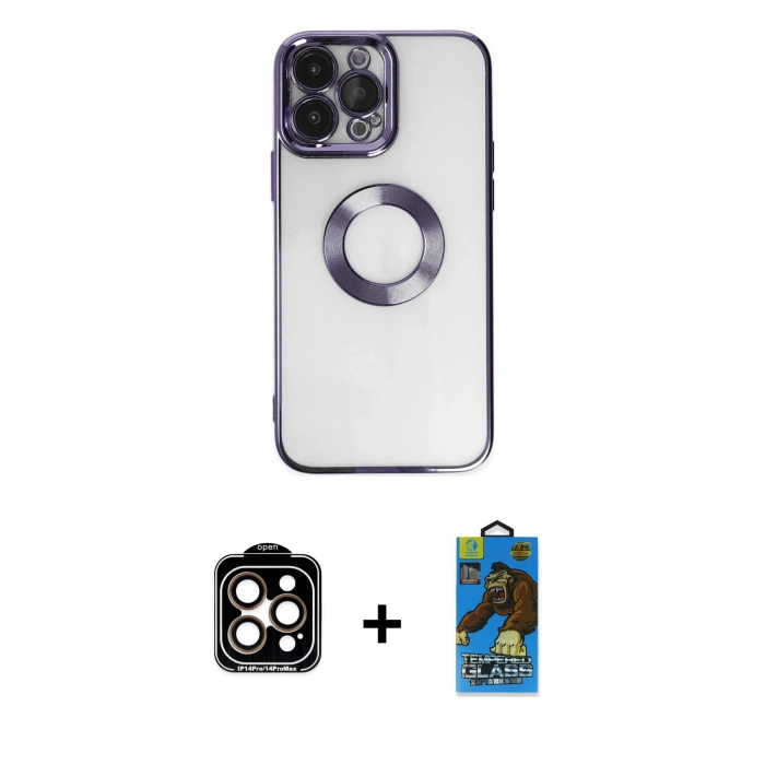 MARSİLYAN™- iPhone 14 Pro Max Kılıf Pusula Form - Siyah 18D Cam Ekran Koruyucu + Turuncu PVD Metal Kamera Lens
