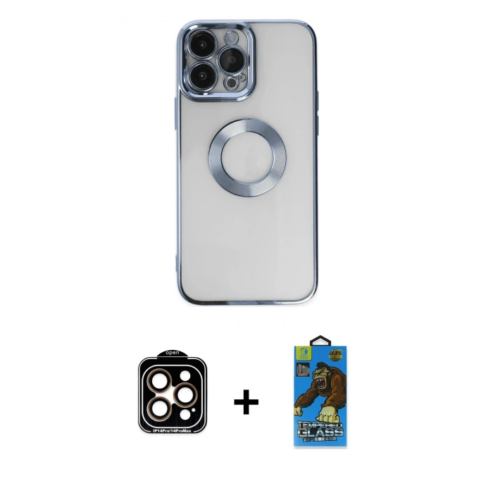 MARSİLYAN™- iPhone 14 Pro Max Kılıf Pusula Form - Siyah 18D Cam Ekran Koruyucu + Turuncu PVD Metal Kamera Lens