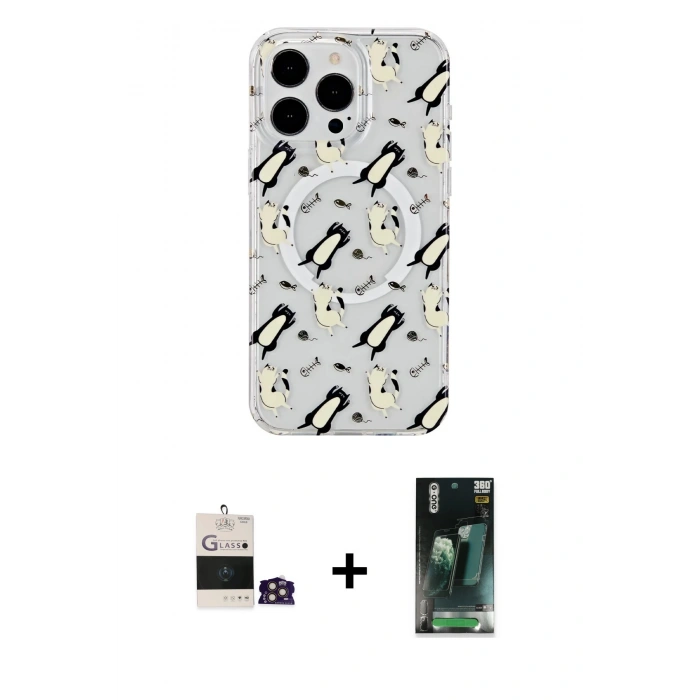 MARSİLYAN™- iPhone 14 Pro Max Kılıf Pusula Form - Siyah 360 Mat Full Body Arka Koruyucu + Bilvis Titan Kamera Lens - GD