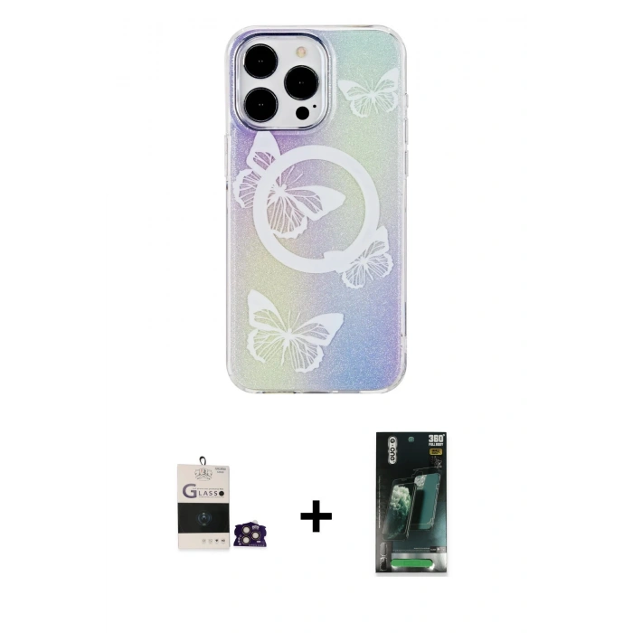MARSİLYAN™- iPhone 14 Pro Max Kılıf Pusula Form - Siyah 360 Mat Full Body Arka Koruyucu + Bilvis Titan Kamera Lens - GD