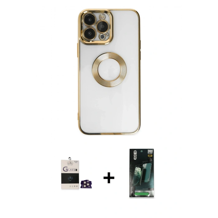MARSİLYAN™- iPhone 14 Pro Max Kılıf Pusula Form - Siyah 360 Mat Full Body Arka Koruyucu + Gold Bilvis Titan Kamera Lens