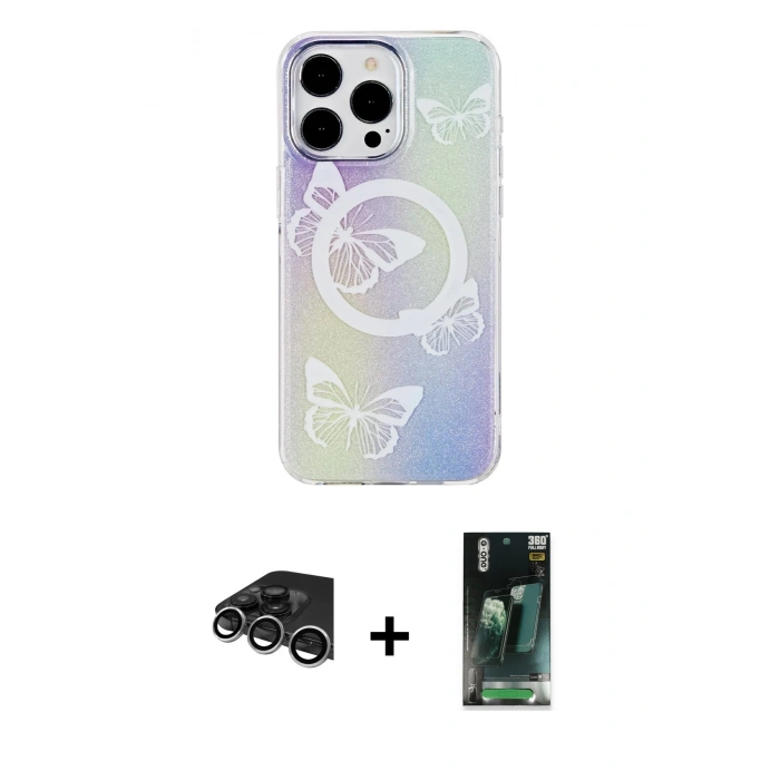 MARSİLYAN™- iPhone 14 Pro Max Kılıf Pusula Form - Siyah 360 Mat Full Body Arka Koruyucu + Raze Metal Kamera Lens - GS