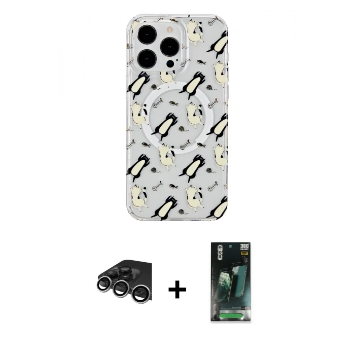 MARSİLYAN™- iPhone 14 Pro Max Kılıf Pusula Form - Siyah 360 Mat Full Body Arka Koruyucu + Raze Metal Kamera Lens - GS