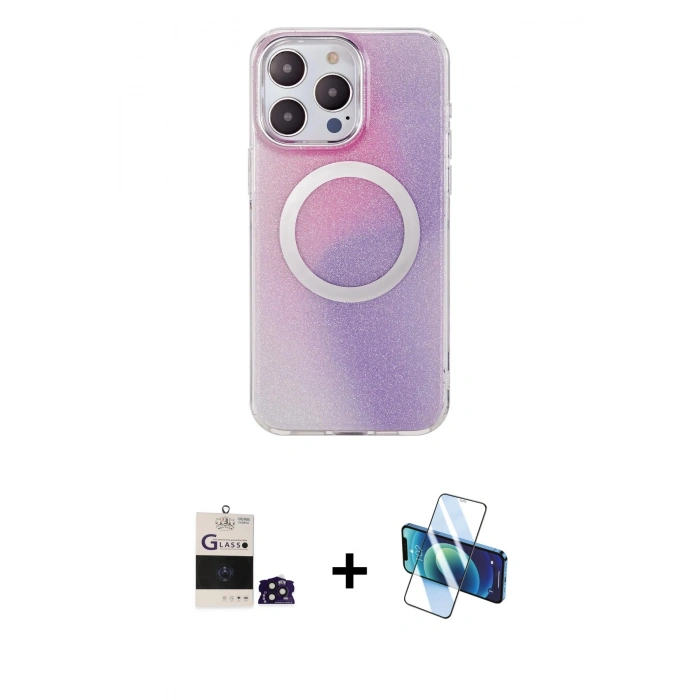 MARSİLYAN™- iPhone 14 Pro Max Kılıf Pusula Form - Siyah 3D Antistatik Cam Ekran Koruyucu + Bilvis Titan Kamera Lens - DNMR
