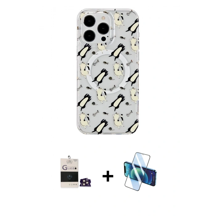 MARSİLYAN™- iPhone 14 Pro Max Kılıf Pusula Form - Siyah 3D Antistatik Cam Ekran Koruyucu + Bilvis Titan Kamera Lens - GD