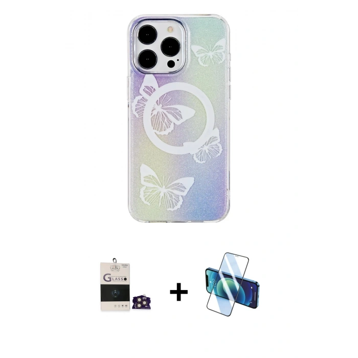 MARSİLYAN™- iPhone 14 Pro Max Kılıf Pusula Form - Siyah 3D Antistatik Cam Ekran Koruyucu + Bilvis Titan Kamera Lens - GD