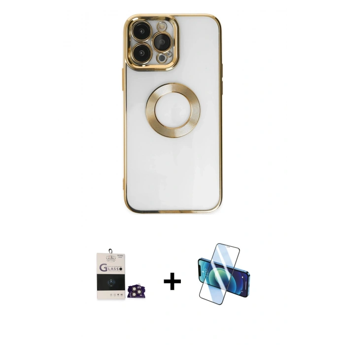 MARSİLYAN™- iPhone 14 Pro Max Kılıf Pusula Form - Siyah 3D Antistatik Cam Ekran Koruyucu + Bilvis Titan Kamera Lens - GD