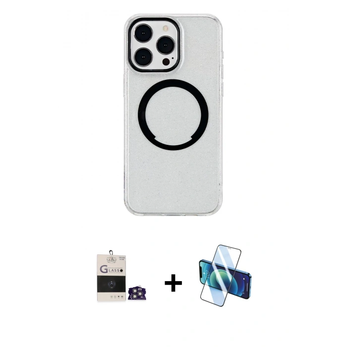 MARSİLYAN™- iPhone 14 Pro Max Kılıf Pusula Form - Siyah 3D Antistatik Cam Ekran Koruyucu + Bilvis Titan Kamera Lens - GS