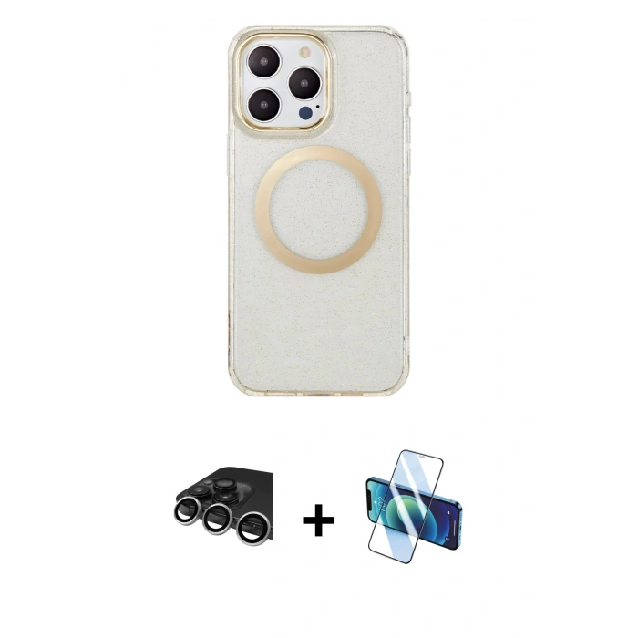 MARSİLYAN™- iPhone 14 Pro Max Kılıf Pusula Form - Siyah 3D Antistatik Cam Ekran Koruyucu + Raze Metal Kamera Lens - GS