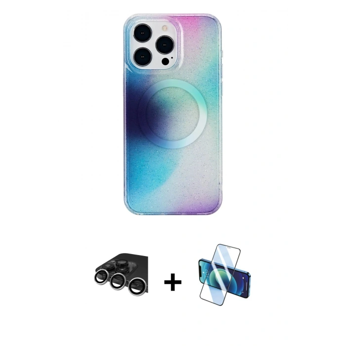 MARSİLYAN™- iPhone 14 Pro Max Kılıf Pusula Form - Siyah 3D Antistatik Cam Ekran Koruyucu + Raze Metal Kamera Lens - GS