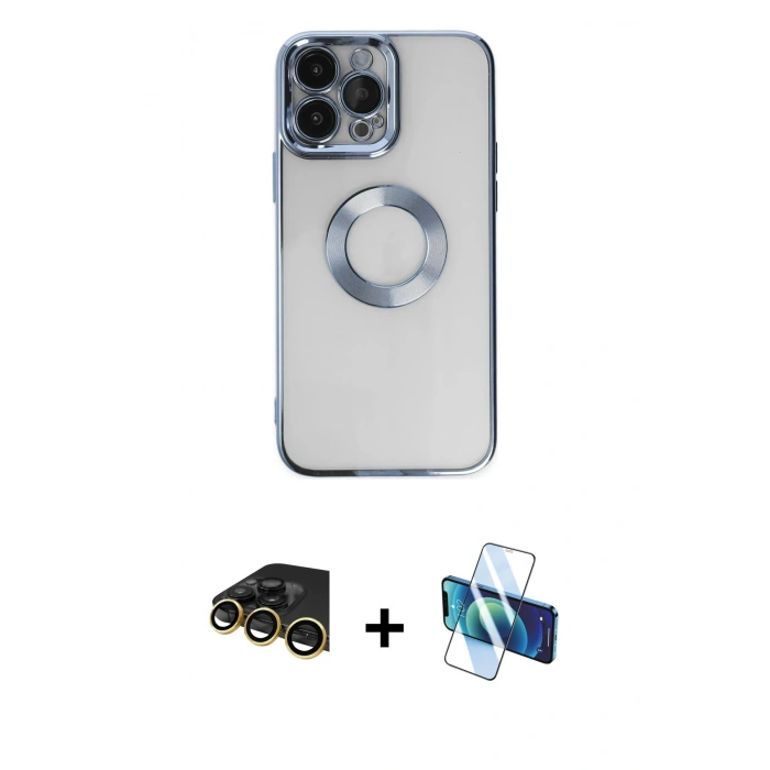 MARSİLYAN™- iPhone 14 Pro Max Kılıf Pusula Form - Siyah 3D Antistatik Cam Ekran Koruyucu + Raze Metal Kamera Lens - GD