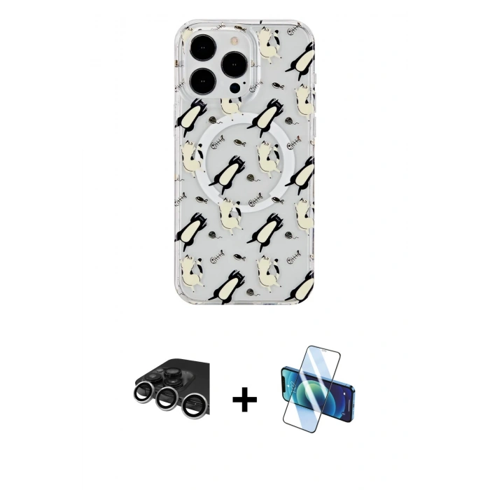 MARSİLYAN™- iPhone 14 Pro Max Kılıf Pusula Form - Siyah 3D Antistatik Cam Ekran Koruyucu + Raze Metal Kamera Lens - GS
