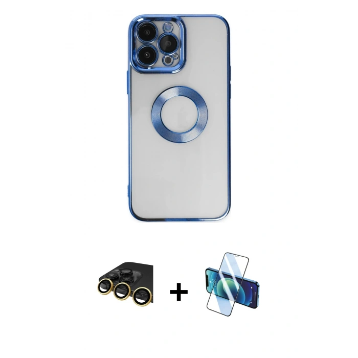 MARSİLYAN™- iPhone 14 Pro Max Kılıf Pusula Form - Siyah 3D Antistatik Cam Ekran Koruyucu + Raze Metal Kamera Lens - GD