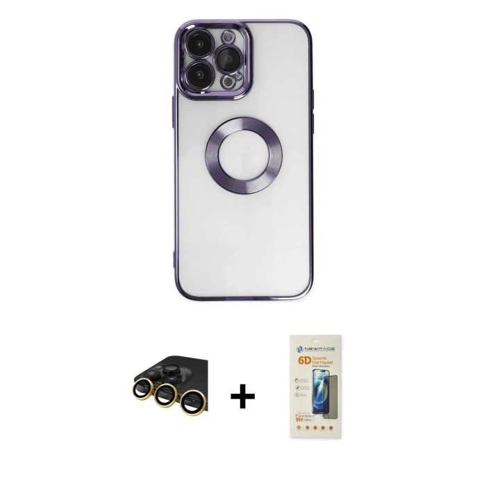 MARSİLYAN™- iPhone 14 Pro Max Kılıf Pusula Form - Siyah 6D Mat Seramik Hayalet Nano Ekran Koruyucu + Raze Metal Kamera Lens - GD