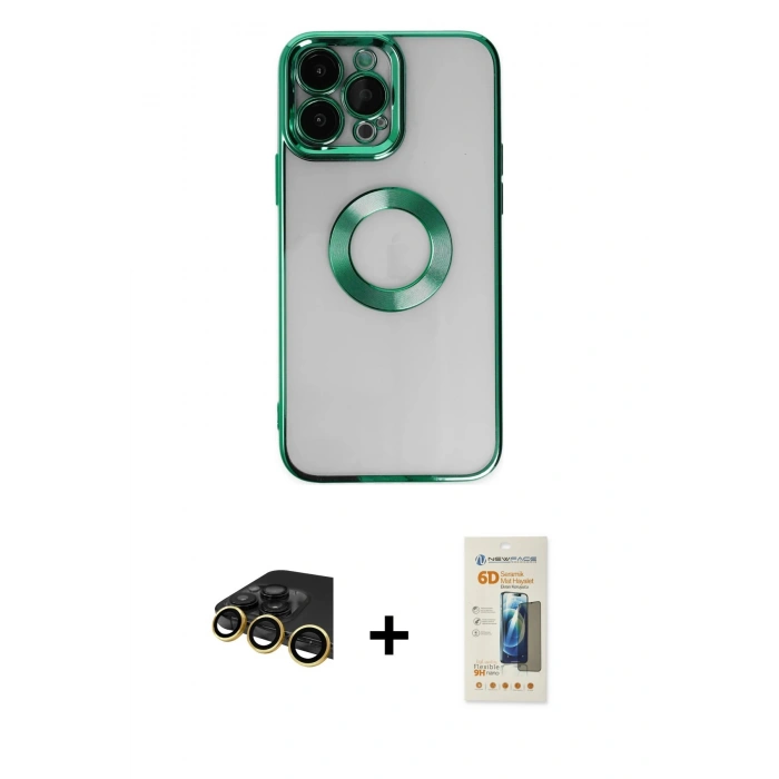 MARSİLYAN™- iPhone 14 Pro Max Kılıf Pusula Form - Siyah 6D Mat Seramik Hayalet Nano Ekran Koruyucu + Raze Metal Kamera Lens - GD