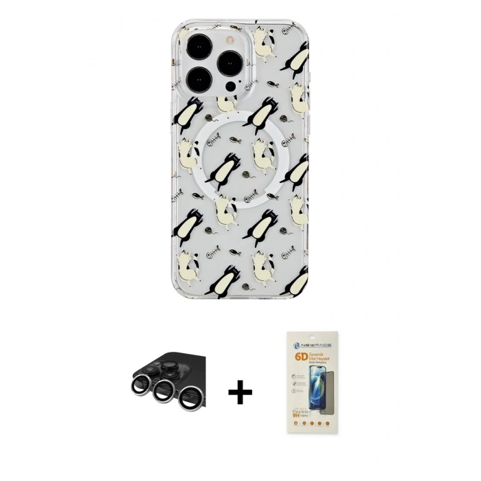 MARSİLYAN™- iPhone 14 Pro Max Kılıf Pusula Form - Siyah 6D Mat Seramik Hayalet Nano Ekran Koruyucu + Raze Metal Kamera Lens - GS