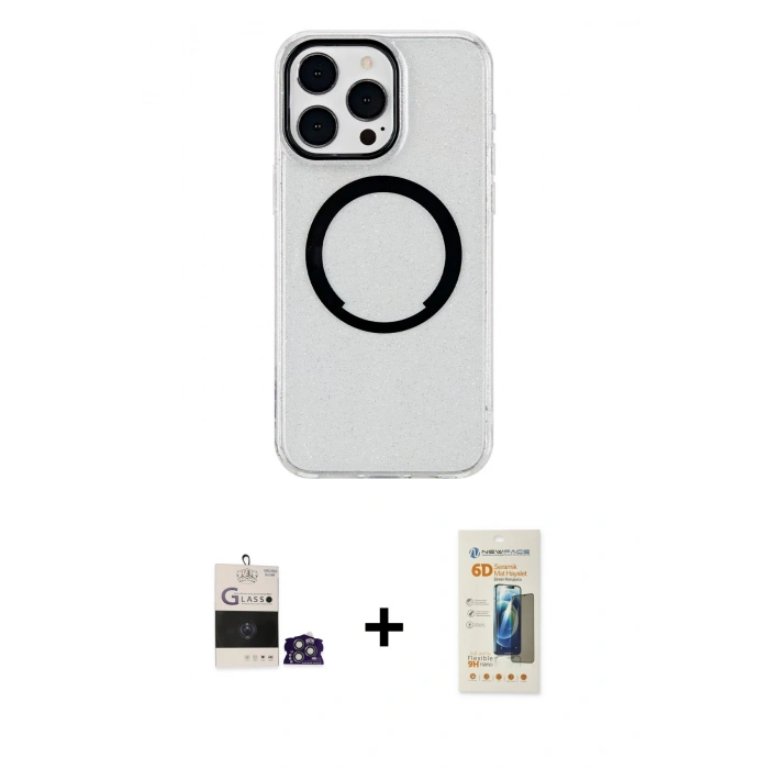 MARSİLYAN™- iPhone 14 Pro Max Kılıf Pusula Form - Siyah 6D Mat Seramik Hayalet Nano Ekran Koruyucu + Bilvis Titan Kamera Lens - GS