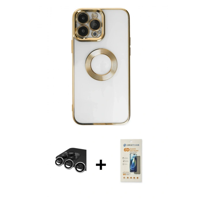 MARSİLYAN™- iPhone 14 Pro Max Kılıf Pusula Form - Siyah 6D Mat Seramik Hayalet Nano Ekran Koruyucu + Raze Metal Kamera Lens - GS