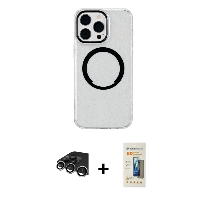 MARSİLYAN™- iPhone 14 Pro Max Kılıf Pusula Form - Siyah 6D Mat Seramik Hayalet Nano Ekran Koruyucu + Raze Metal Kamera Lens - GS
