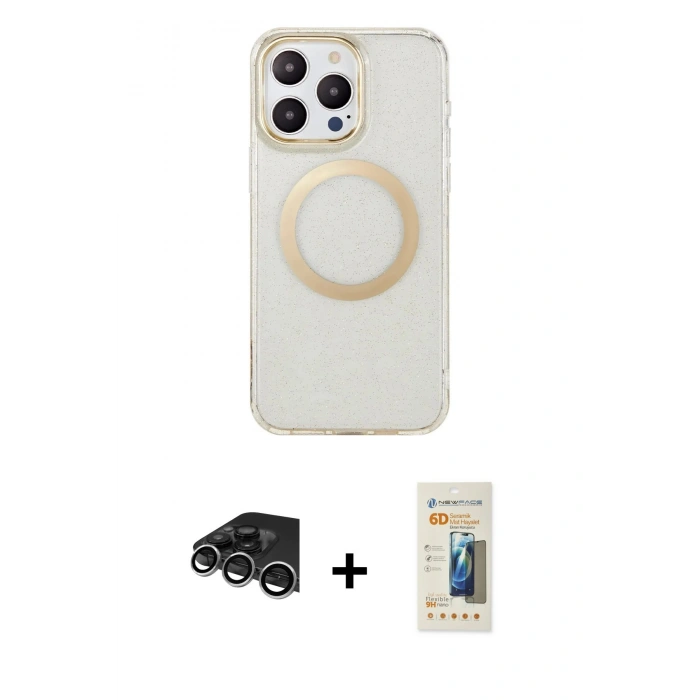 MARSİLYAN™- iPhone 14 Pro Max Kılıf Pusula Form - Siyah 6D Mat Seramik Hayalet Nano Ekran Koruyucu + Raze Metal Kamera Lens - GS