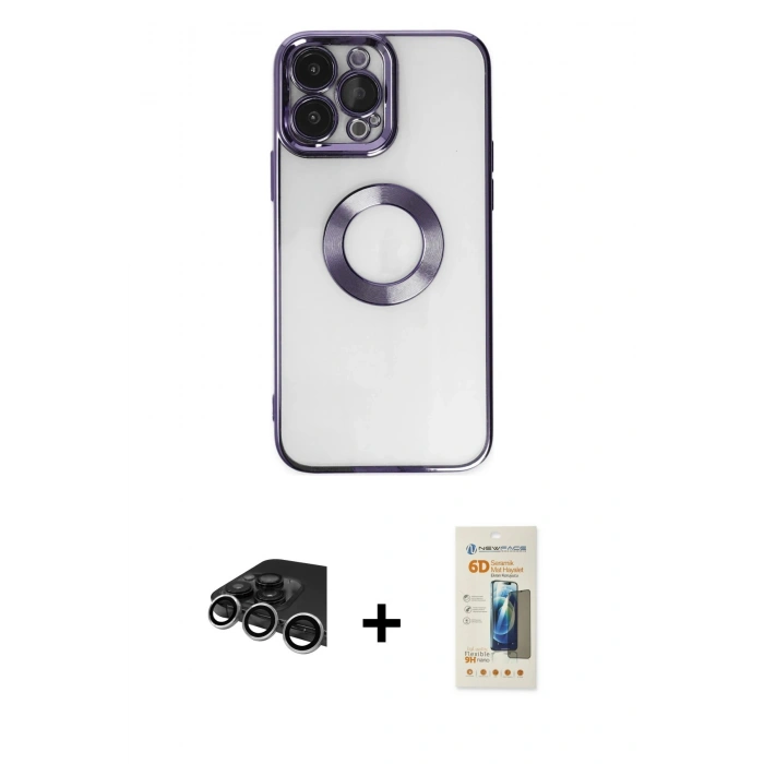 MARSİLYAN™- iPhone 14 Pro Max Kılıf Pusula Form - Siyah 6D Mat Seramik Hayalet Nano Ekran Koruyucu + Raze Metal Kamera Lens - GS