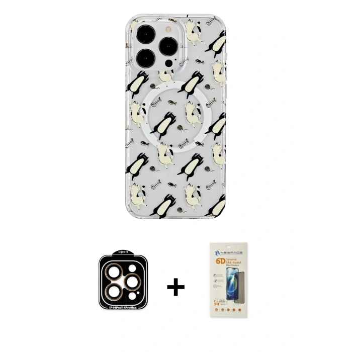 MARSİLYAN™- iPhone 14 Pro Max Kılıf Pusula Form - Siyah 6D Mat Seramik Hayalet Nano Ekran Koruyucu + PVD Metal Kamera Lens - TU