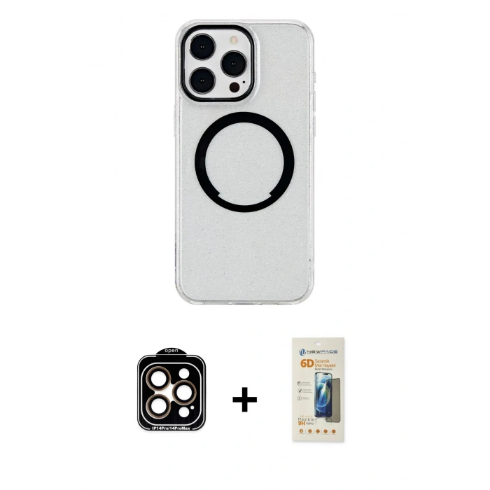MARSİLYAN™- iPhone 14 Pro Max Kılıf Pusula Form - Siyah 6D Mat Seramik Hayalet Nano Ekran Koruyucu + PVD Metal Kamera Lens - TU