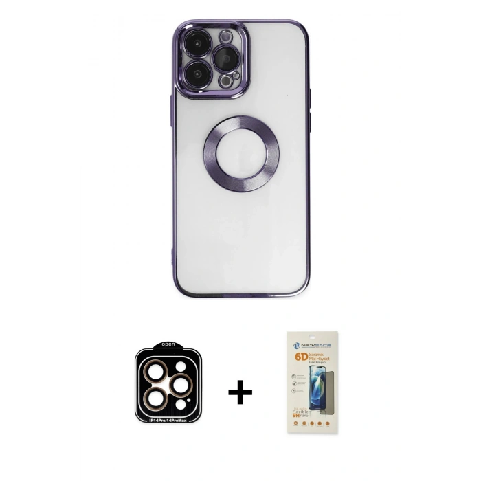 MARSİLYAN™- iPhone 14 Pro Max Kılıf Pusula Form - Siyah 6D Mat Seramik Hayalet Nano Ekran Koruyucu + PVD Metal Kamera Lens - TU