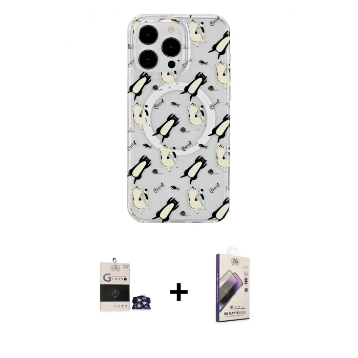MARSİLYAN™- iPhone 14 Pro Max Kılıf Pusula Form - Siyah Bilvis 3D Mat Cam Ekran Koruyucu + Bilvis Titan Kamera Lens - GS