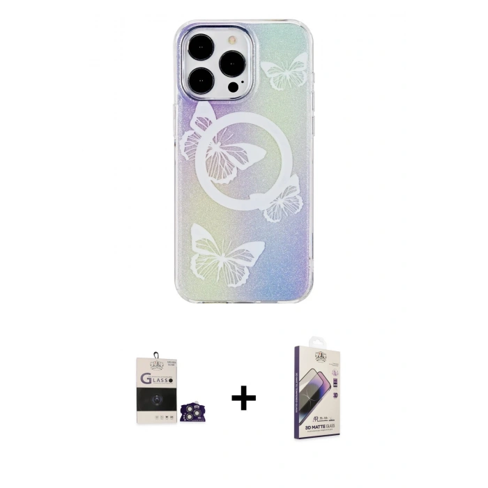 MARSİLYAN™- iPhone 14 Pro Max Kılıf Pusula Form - Siyah Bilvis 3D Mat Cam Ekran Koruyucu + Bilvis Titan Kamera Lens - GS