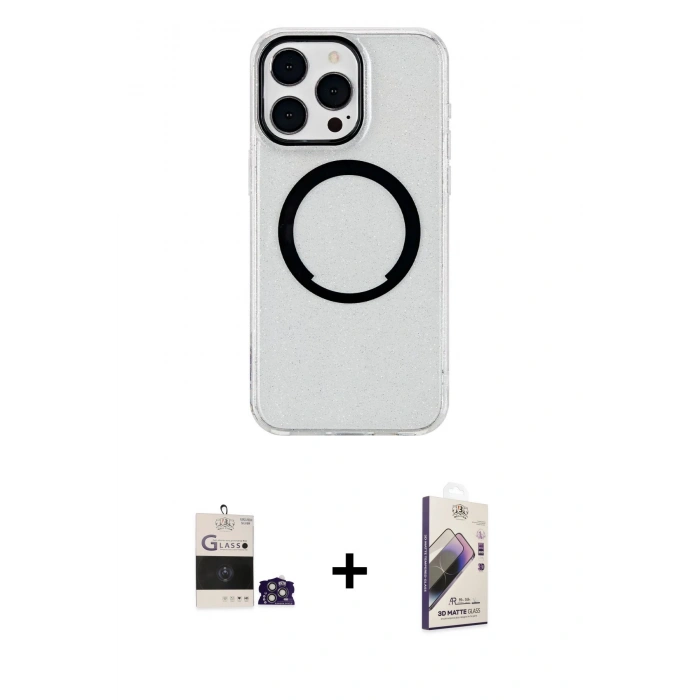 MARSİLYAN™- iPhone 14 Pro Max Kılıf Pusula Form - Siyah Bilvis 3D Mat Cam Ekran Koruyucu + Bilvis Titan Kamera Lens - GS