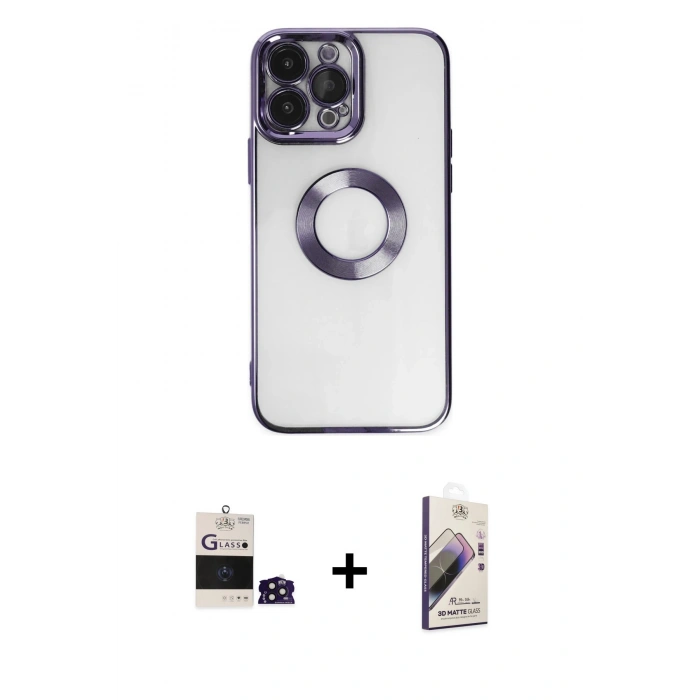 MARSİLYAN™- iPhone 14 Pro Max Kılıf Pusula Form - Siyah Bilvis 3D Mat Cam Ekran Koruyucu + Bilvis Titan Kamera Lens - DNMR