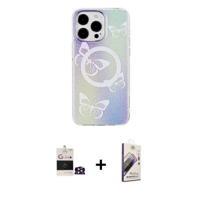 MARSİLYAN™- iPhone 14 Pro Max Kılıf Pusula Form - Siyah Bilvis 3D Mat Cam Ekran Koruyucu + Bilvis Titan Kamera Lens - GD