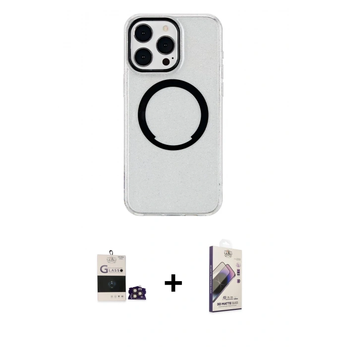 MARSİLYAN™- iPhone 14 Pro Max Kılıf Pusula Form - Siyah Bilvis 3D Mat Cam Ekran Koruyucu + Bilvis Titan Kamera Lens - GD