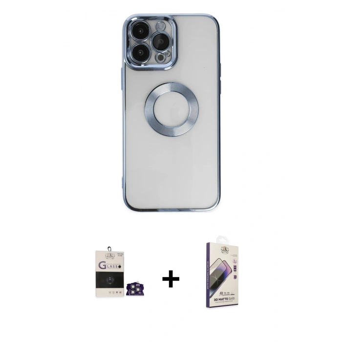 MARSİLYAN™- iPhone 14 Pro Max Kılıf Pusula Form - Siyah Bilvis 3D Mat Cam Ekran Koruyucu + Gümüş Bilvis Titan Kamera Lens