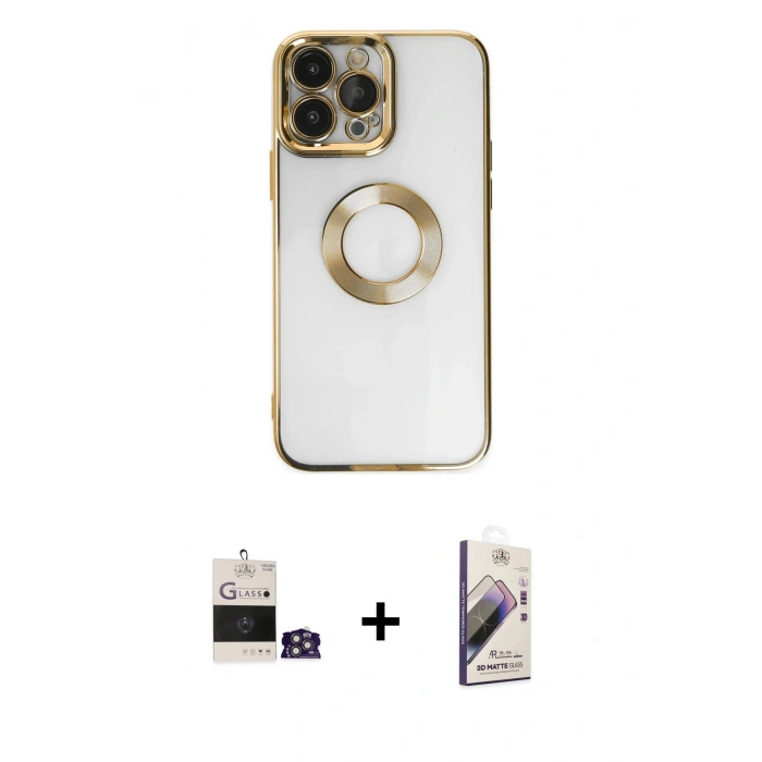 MARSİLYAN™- iPhone 14 Pro Max Kılıf Pusula Form - Siyah Bilvis 3D Mat Cam Ekran Koruyucu + Gümüş Bilvis Titan Kamera Lens