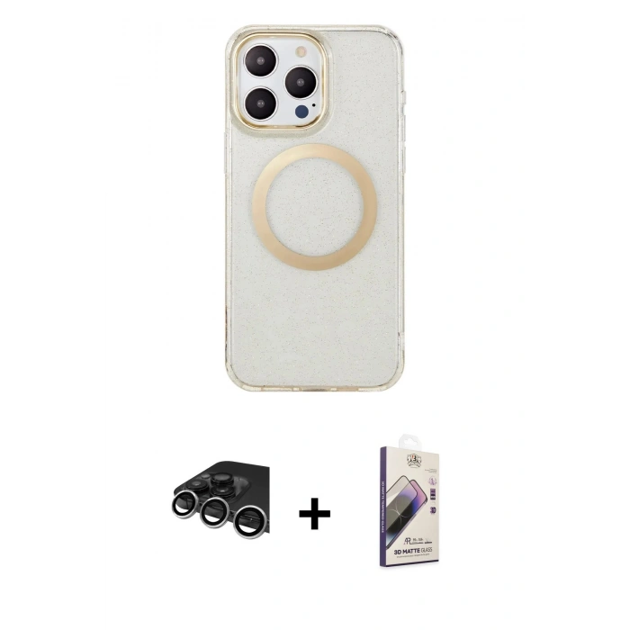 MARSİLYAN™- iPhone 14 Pro Max Kılıf Pusula Form - Siyah Bilvis 3D Mat Cam Ekran Koruyucu + Raze Metal Kamera Lens - GS