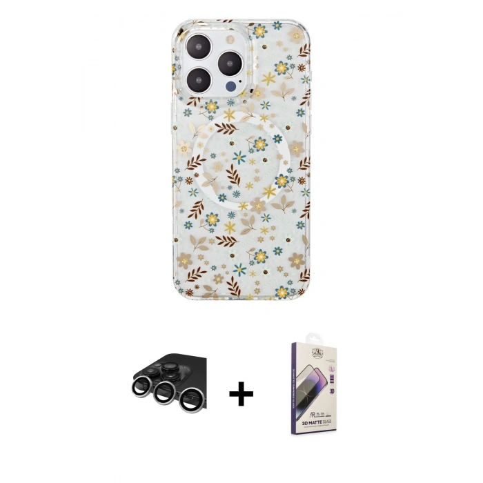 MARSİLYAN™- iPhone 14 Pro Max Kılıf Pusula Form - Siyah Bilvis 3D Mat Cam Ekran Koruyucu + Raze Metal Kamera Lens - GS
